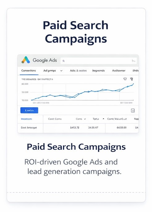 Paid Search Campaign Management Google Ads campaign dashboard showing paid search growth and ad performance.