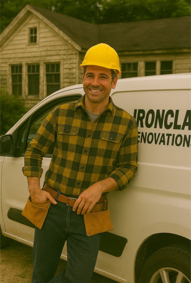 “Contractor On‑Site with Work Van – Ironclad Renovations” “Renovation contractor standing beside an Ironclad Renovations van at an older home.”